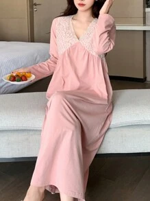 DAZY Lace Patchwork Knit V-Neck Waisted Nightgown Pajama - Pink - View 6