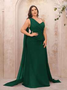 SHEIN Belle Plus Size Chiffon Asymmetric Draped Formal Dress For Bridesmaid, In Persimmon Orange - Dark Green - View 3