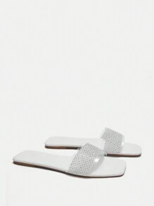 CUCCOO HITCHD Comfortable Silver Rhinestone Mules Women's Flat Sandals With Square Toe Halloween - White - View 6