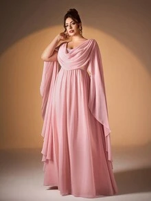 Vestido Longo de Festa de Formatura Semi-Formal para Convidados de Casamento, Elegante com Mangas Longas, Capa de Manga Pedra Pérola Lantejoula, Decote Drapeado, Vestido de Plus Size de Renda de Seda para Aniversário, Formatura, Homecoming - Damasco - Visão 5