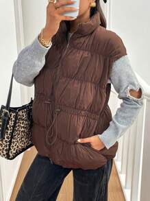 SHEIN Essnce Chaleco con cordón en la cintura para mujer, color café, chaquetas de mujer de otoño, ropa de mujer de otoño/invierno, chaqueta con cordón, abrigo acolchado - Café integral - Ver 4