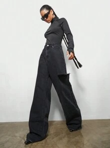 SUMWON WOMEN 阔腿侧破洞毛边牛仔裤 - 黑色 - 查看 3