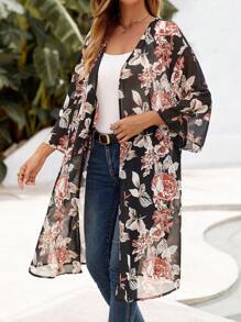 EMERY ROSE Women's Loose-Fitting, Medium-Length Kimono With Floral Print, Open Front, For Summer Beach Vacation - Multicolor - View 3