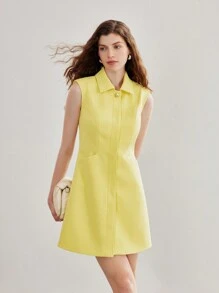 MOTF STUDIO SOLID SLANT POCKET SLEEVELESS SHORT DRESS - Yellow - View 4