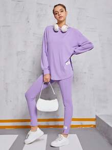 SHEIN Áo hoodie dệt kim có gân và quần dài hai mảnh thông thường cho các cô gái tuổi teen - Màu tím hoa cà - Xem 6