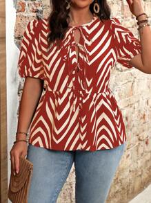 Flirla Áo sơ mi tay phồng in hình xương cá Plus Size Holiday Colorblock - Đỏ - Xem 4