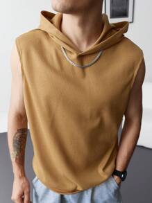 Manfinity Hypemode Men's Casual Solid Color Sleeveless Hooded Sweatshirt, Summer - Khaki - View 4
