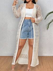 SHEIN CURVE+ Plus Pointelle Knit Cardigan, Spring Break - Apricot - View 4