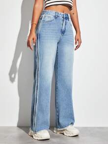 Women's Loose Straight Leg Fringe Design Denim Jeans
