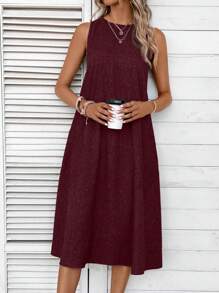 EMERY ROSE Phụ nữ cổ tròn không tay có túi màu trơn Đầm thanh lịch dáng rộng - Gỗ đỏ - Xem 3