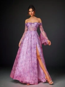 SHEIN Belle Elegante, hermoso y romántico vestido largo estampado con diseño retorcido y con volantes, mangas largas tipo capa y falda de corte A con abertura, para vestidos de noche, gala, fiesta, graduación, cena, boda, como invitada - Multicolor - Ver 1
