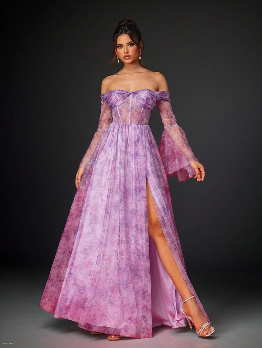 SHEIN Belle Elegante, hermoso y romántico vestido largo estampado con diseño retorcido y con volantes, mangas largas tipo capa y falda de corte A con abertura, para vestidos de noche, gala, fiesta, graduación, cena, boda, como invitada - Multicolor - Ver 1