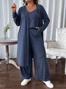 SHEIN LUNE Plus Size Women's Simple Solid Color Daily Wear Spaghetti Strap Jumpsuit And Long Sleeve Jacket 2pcs Set