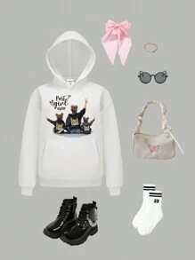 SHEIN Explorewe 1pc Little Girls' Fashionable Hooded Sweatshirt With Portrait & Letter Print And Pockets, Autumn & Winter, Family Matching Outfits Mommy And Me (Note: 3 Pieces Sold Separately)