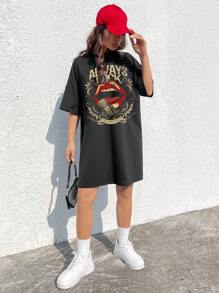 SHEIN EZwear 休闲款“Always Rock”复古红唇麦克风印花宽松短款短袖迷你连衣裙，棉混纺面料，适合夏季音乐节穿着。 - 黑色 - 查看 4