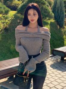 DAZY 女士纯色露背性感毛衣，秋季，长袖上衣，秋季女装