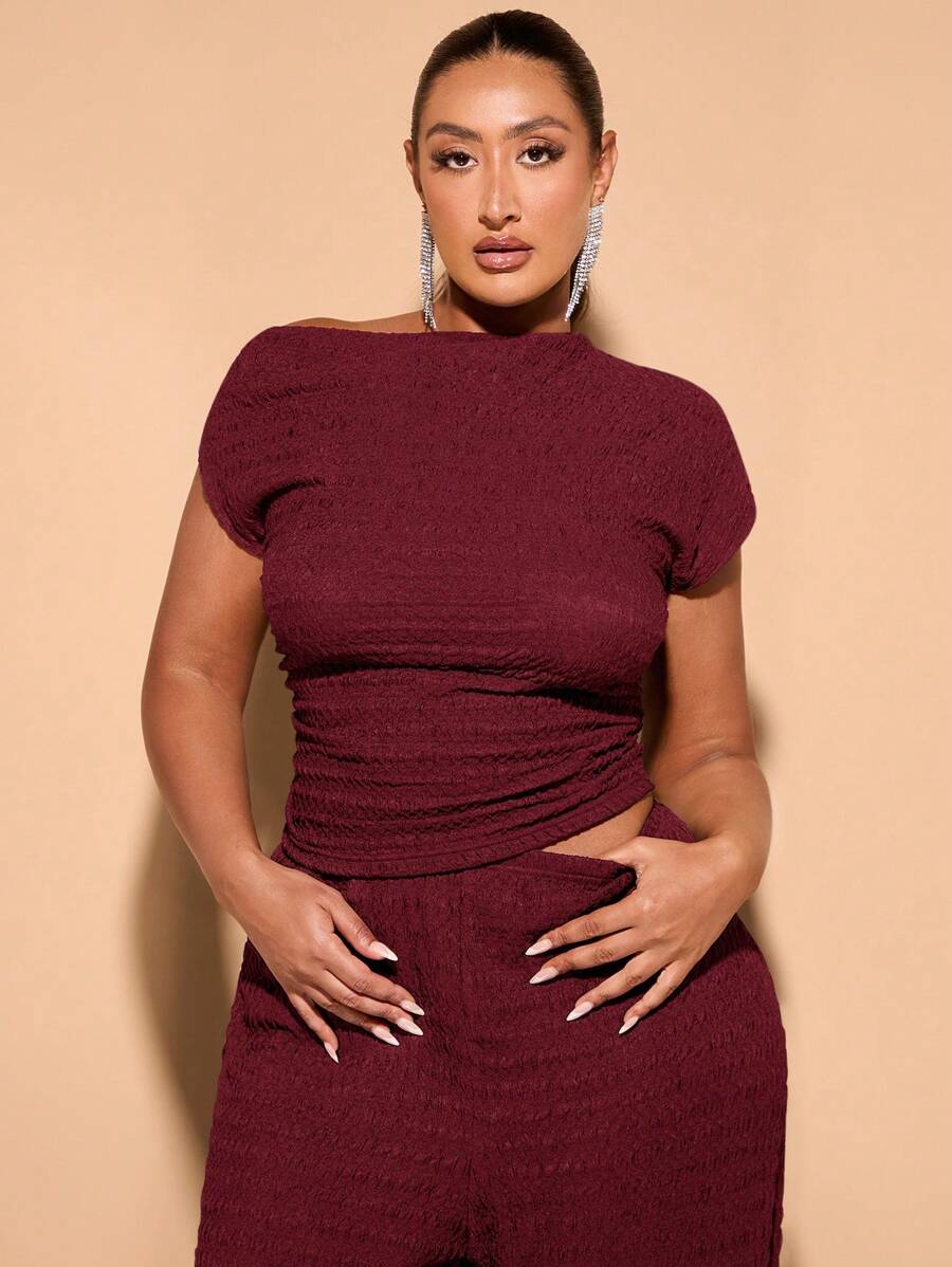SHEIN BAE Plus Size Summer Daily Outing Sexy Asymmetrical Slanted Shoulder Black All-Over Texture Stretch T-Shirt Top - Burgundy - View 1