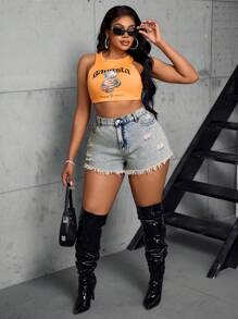 SHEIN SXY Plus size hoog getailleerde A-lijn noodlijdende denim shorts met gerafelde zoom