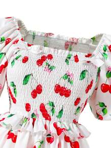 Teens Girls' Fruit Print Asymmetric Neckline Short Sleeve A-Line Dress - White - View 4
