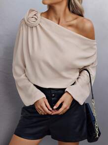 SHEIN Clasi Women's Spring & Summer Solid Color 3D Floral Decor Asymmetric Collar Long Sleeve Shirt - Apricot - View 5