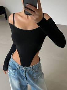 DAZY Women's Fashion Sexy Solid Color Cold Shoulder Bodysuit Y2k Long Sleeve Women Tops,Fall Women Clothes Off Shoulder Top