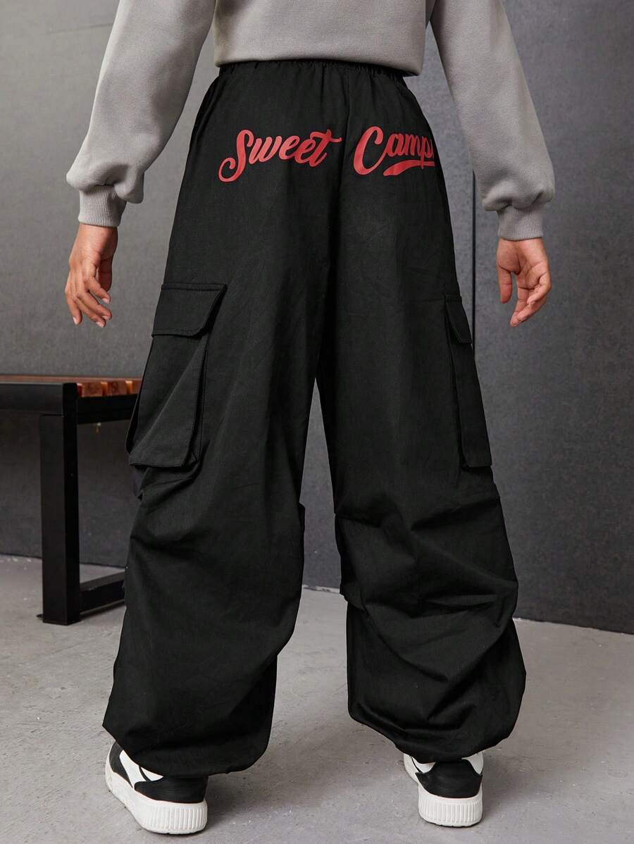 SHEIN Tween Girl Letter Graphic Flap Pocket Side Parachute Pants - Black - View 1