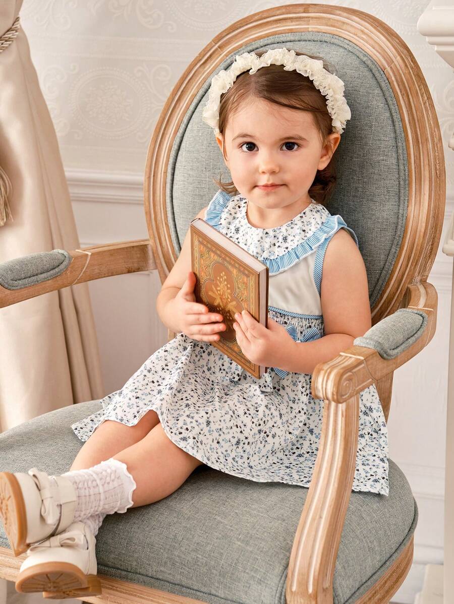SHEIN Baby Girl Ditsy Floral Ruffle Trim Round Neck Sleeveless Cute Dress - Multicolor - View 1