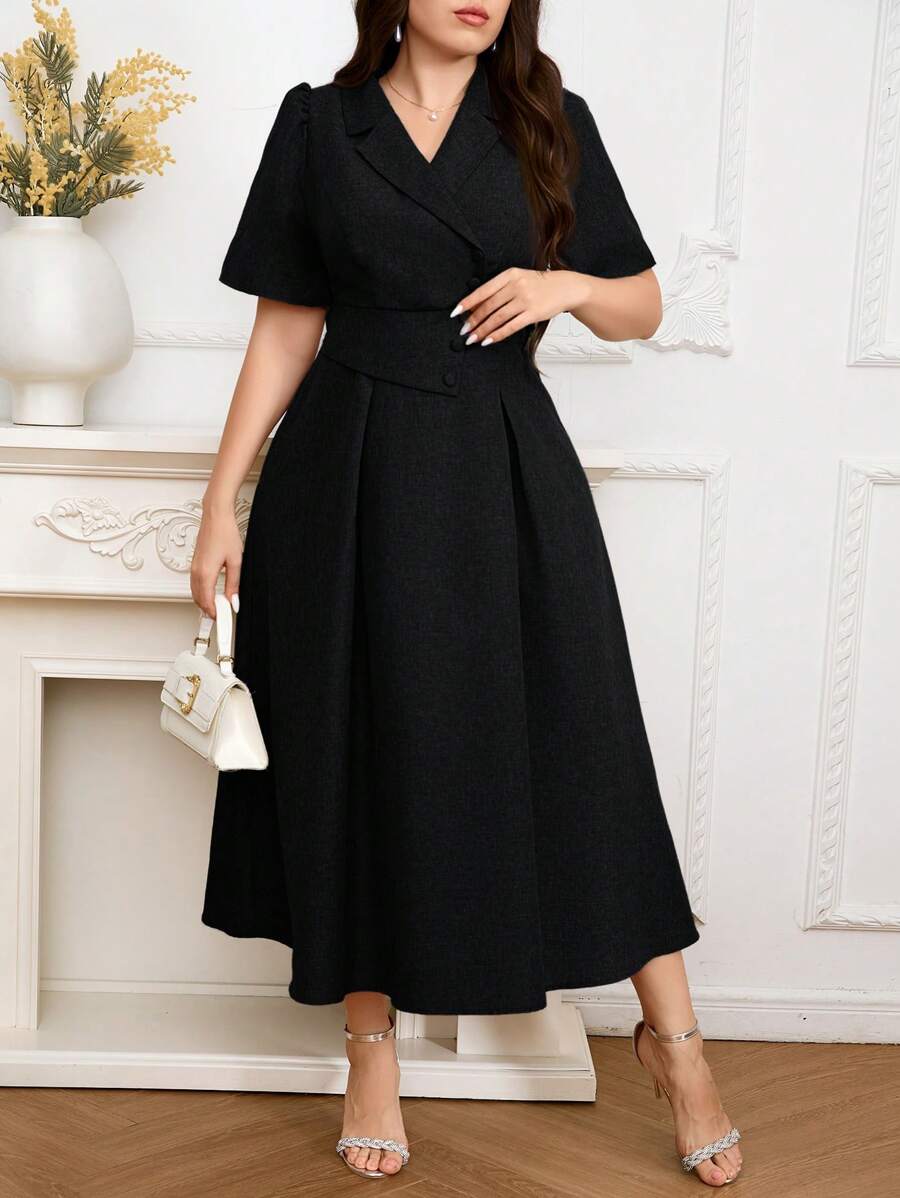 Modelyn 大码优雅纯色翻领腰中长连衣裙，夏季 - 黑色 - 查看 1