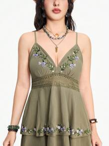 ROMWE Fairycore Women's Floral Embroidery Layered Ruffle Hem Cottagecore Style Washed Cotton Dress - Army Green - View 2