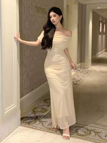 DAZY Đầm suông trễ vai màu trơn thanh lịch cho nữ, Đầm dự tiệc sinh nhật, tiệc năm mới, Đầm dự tiệc cưới cho nữ - Màu be - Xem 9