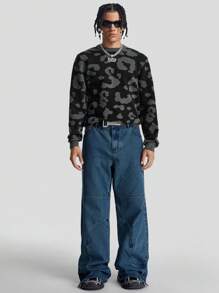 Manfinity VCAY Men's Leopard Print Crew Neck Sweater, For Fall Winter - Black - View 2