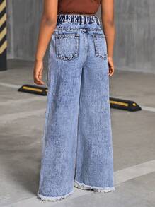 Tween Girl Y2K Fashion Vintage Stonewashed Ripped Raw Hem Baggy Wide Leg Jeans, Summer Back To School Streetwear - Medium Wash - View 2