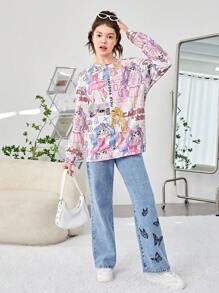 Teen Girl Cartoon Print Drop Shoulder Pullover - Mauve Purple - View 5