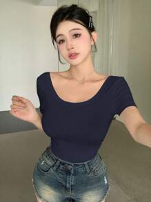 DAZY Áo thun bó sát tay ngắn trang trí nơ lưng màu trơn cho nữ, mùa hè, áo hở lưng - Màu xanh hải quân - Xem 3