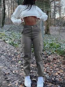 Women's Solid Color Multi-Pocket Cargo Pants, Suitable For Spring And Summer - 深灰色 - 查看 4