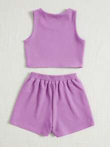 SHEIN Tween Girls' Knitted Fitted Cropped Tank Top And Shorts 2-Piece Set Summer Outfits