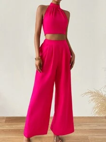 Chiquease Women's Solid Color Halter Top And Wide Leg Pants Set - Hot Pink - View 3