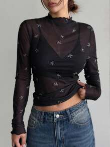 DAZY 女士夏季蝴蝶结印花立领长袖休闲衬衫外出上衣透明、返校服装、秋季女装 - 黑與白 - 查看 4