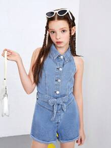 Tween 女童无袖纽扣半开襟休闲牛仔连体裤，夏季 - 淺色水洗藍 - 查看 1