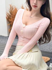 DAZY 女士 3D 花卉套头衫，秋装 - 粉色 - 查看 3