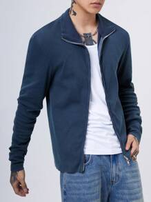 Manfinity Denimwave Chaqueta ligera de cuello alto texturizada de punto de mezclilla retro estilo Y2K para hombre, sencilla, de moda, para esposo, de manga larga, para salir