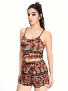 ROMWE Hippie 嬉皮风格女士柔软几何印花吊带背心和短裤睡衣套装 - 彩色 - 查看 5