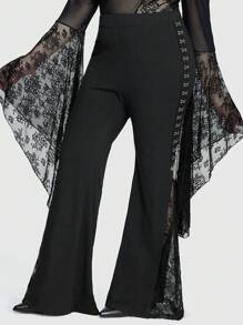 ROMWE Goth Pantalon à taille haute évasé pour femmes de grande taille avec dentelle et fente latérale - Noir - Voir 6