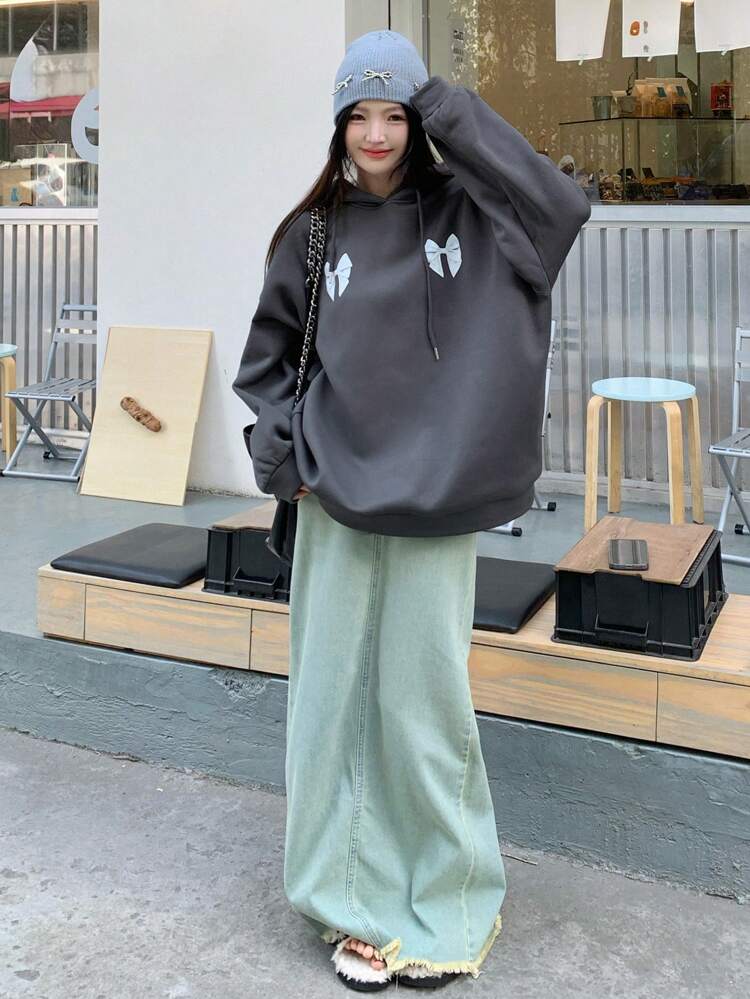 Women Loose Fit Drop Shoulder Hoodie With Bowknot