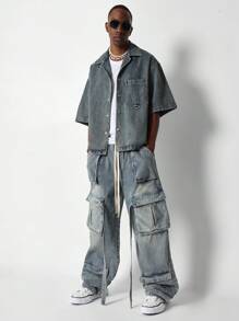 SUMWON Boxy Fit Denim Shirt With Embossed Print & Branded Label - Blue - View 4