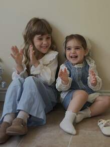 SHEIN Vintaside Kids 年轻女孩亚麻舒适蓝色荷叶边喇叭腿宽裤，适合夏季/秋季/冬季，休闲，户外，野餐，日常穿着年轻女孩阔腿裤