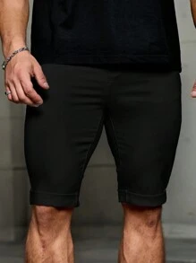 Manfinity Homme 男士黑色牛仔紧身短裤 - 黑色 - 查看 6