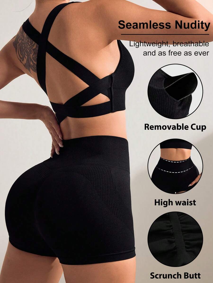 Easithlete Women's Cross Back Hollow Out Crop Top And Short Leggings Sports Set, Solid Color - Black - View 1
