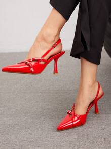CUCCOO BIZCHIC Fashionable Red Pointed Toe High Heel Shoes For Women, Featuring Thin Back Strap And Buckle Closure Spring Shoes Spring Break Easter For Christmas - Rouge Casaque - View 5