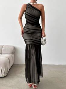 One Shoulder Ruched Ruffle Hem Mesh Overlay Dress